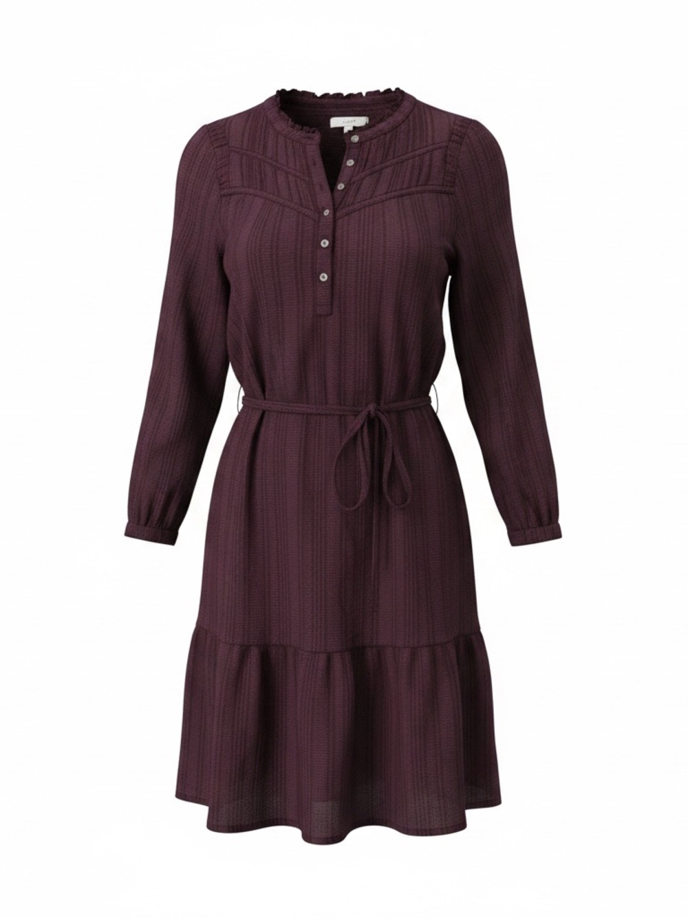 LOFT Plum Button-Front Tie-Waist Long Sleeve Dress